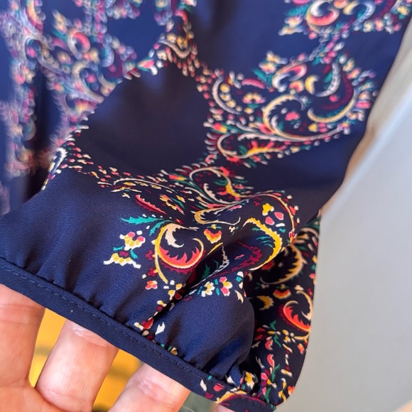 LUSH Navy Blue Paisley Long Sleeve Midi Wrap Dress - Picture 9 of 16